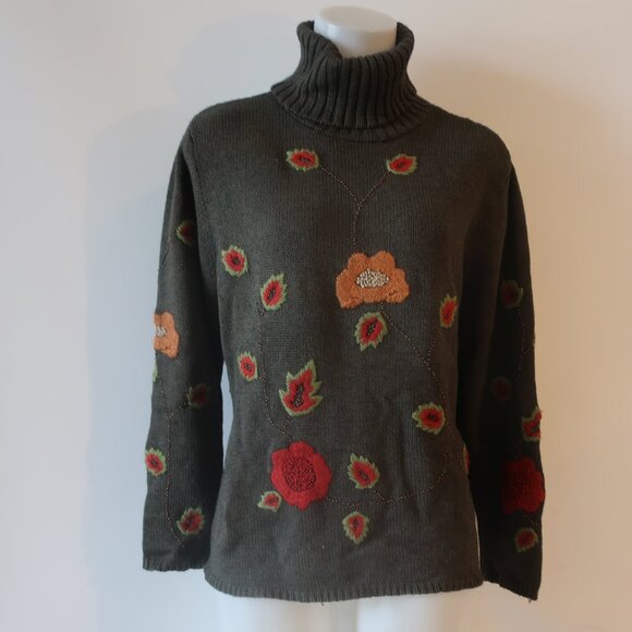 Womens Carlisle Olive Green Floral Silk Cotton Cashmere Turtleneck Sweater XL * - Picture 2 of 8